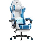HLDIRECT Gaming Chair, Video Game Chair with Pocket Spring Cushion, Ergonomic Computer Chair for Adults with Headrest and Massage Lumbar Support, Swivel PU Leather Office Chair (Blue&White)