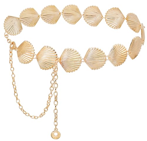 JUXCOKO Womens Bohemian Style Waist Chain Metal Chain Belts for Dress Pants (Shell Gold-L)