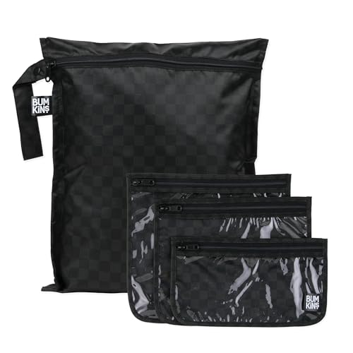 Bumkins Waterproof Wet Bag and Packing Pouches, TSA Airline Compliant, Pack for Baby, Travel, Swim Suit, Cloth Diapers, Pump Parts, Pool, Gym Clothes, Toiletry, Daycare, Zip Bag, 4-pc Set Black Check