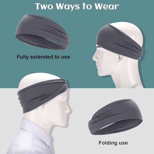 4 Stück Stirnband Herren, Elastisch Breites Haarband Sport Männer Atmungsaktiv Schweißband Stirn rutschfest für Fitness Joggen Laufen Radfahren Basketball (Schwarz, Dunkelgrau)