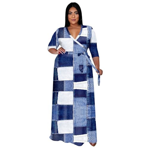 Image of Runwind Plus Size Dresses for Women Floral Maxi Dress Flowy 3 /4 Sleeve with Belt