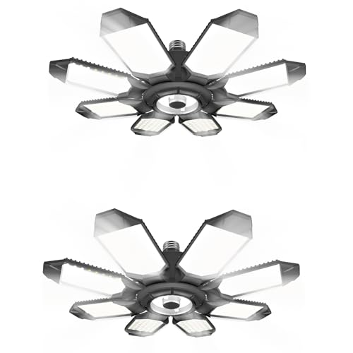 Garage Lights - 2 Pack Super Bright 32000LM LED Garage Ceiling Light 6500K LED Shop Light w/ 8+1 Deformable Panels Screw in E26/E27 Socket Light Bulbs for Workshop,Attic,Warehouse,Utility Room,Laundry