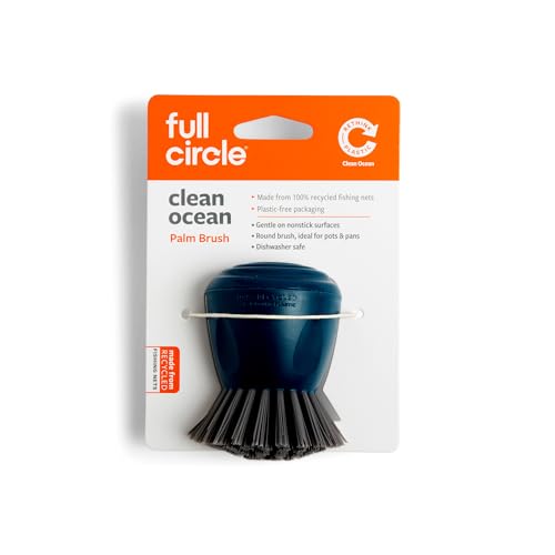 Image of Full Circle Clean Ocean Palm Brush for Cleaning Dishes, Pots, and Pans, Comfortable Handle, Sustainably Made 100% From Recycled Ghost Fishing Nets, Safe for Nonstick