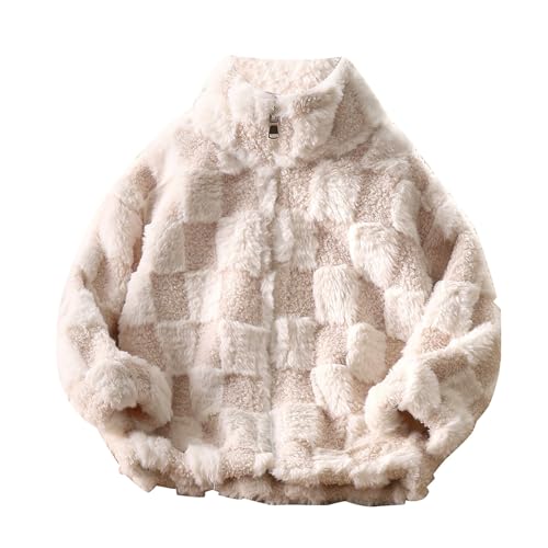 Image of NSQFKALL Boys Girls Plaid Plush Jackets Stand Collar Zip up Colour Block Thicken Fuzzy Warm Winter Outwear Coats