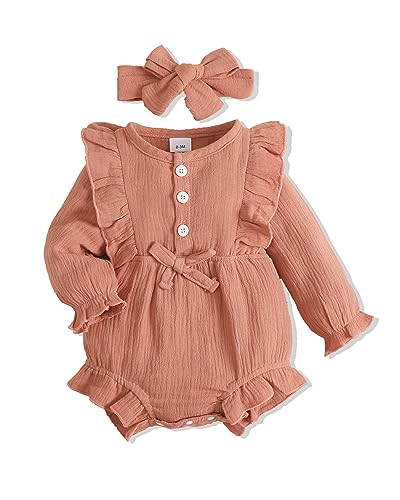 Image of Renotemy Newborn Infant Baby Girl Clothes Cotton Linen Rompers Solid Ruffle Jumpsuits Infant Baby Clothes Girl