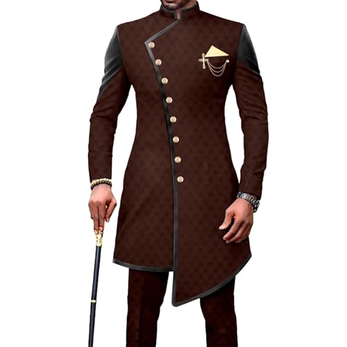 Image of Ourmoon African Clothes for Men Dashiki Casual Shirt and Pants 2 Piece Set Formal Suit Traditional Clothing Fashion Tracksuit(Brown,3X-Large)