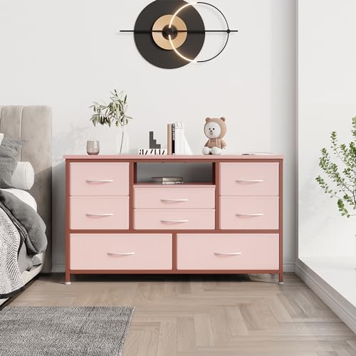 Jojoka 8-Drawer LED Dresser TV Stand with Power Outlet for 55'' TV - Wide Storage Chest for Bedroom, Living Room & Entryway, Wood Top Console Table with 22 Light Modes