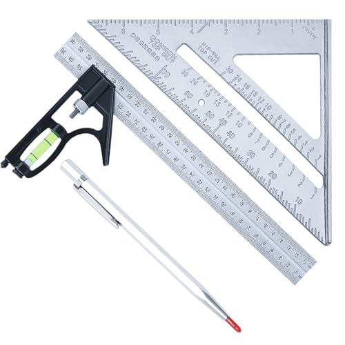 3 Pcs Combination Square Set, Carpenters Square Tool, 12 Inch Combination Triangle Ruler with Spirit Level and 45-90 Degree Marking, 7 Metric Speed Squares with Marking Pen for Accurate Measurement