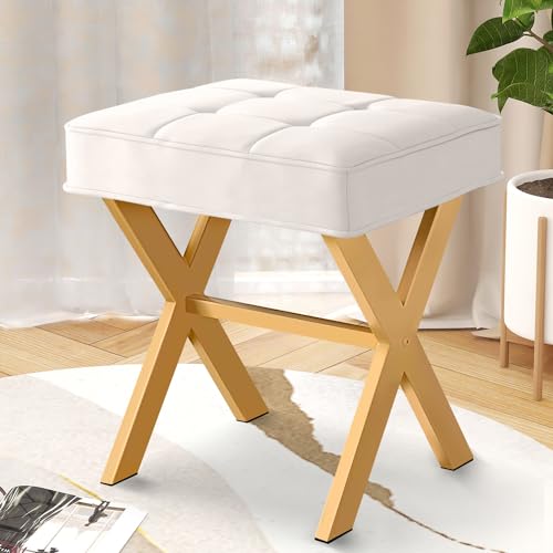COSTASKF Ottoman Foot Stool, Upholstered Cushion Vanity Stool with Gold Metal X-Leg,Small Make up...