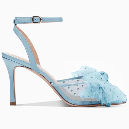 Image of Coutgo Womens Bow Tie Heels Sandals Slingback Peep Toe Wedding Heels Mesh High Stiletto Heel Summer Cute Wedding Bridal Shoes