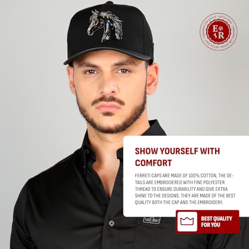 Image of Ferreti Hats FT88 Black Horse Hat for Men & Women - Metal Horse Emblem Hat - Premium Snapback Baseball Cap, Gorra de Gallo para Hombre y Mujer