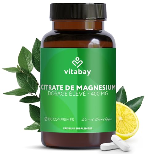 Vitabay Magnesium 400 mg - 180 Comprimés de Citrate de Magnesium (2556 mg) - Vegan sans Additifs et à Dosage Élevé - Magnésium Citrate avec Magnésium Élémentaire 400 mg - Vérifié en Laboratoire
