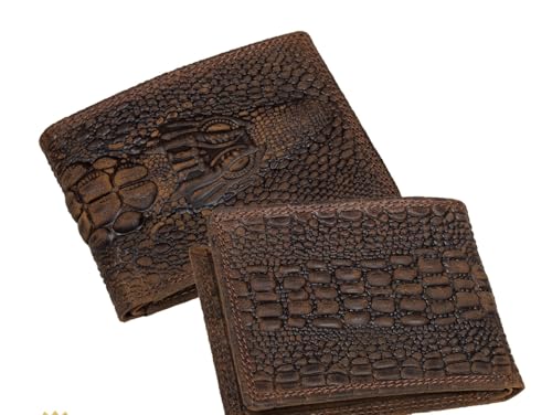Image of Men's Top Grain Leather Wallet with Crocodile 3D Print | 8 Card Slots Bifold Wallet | RFID Protected (Brown)