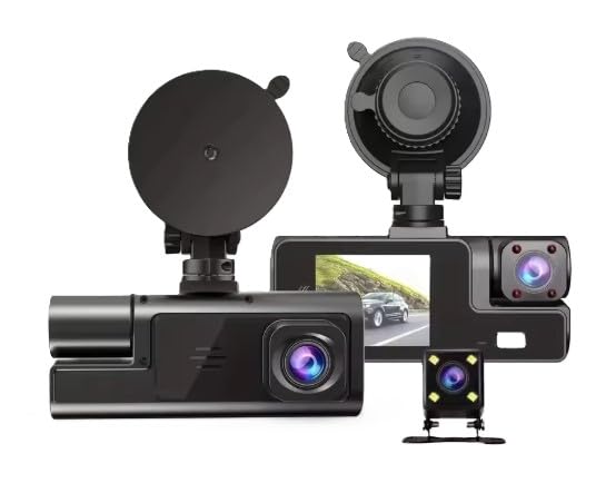 Dash Cam with suction cup mount and controls, showing 230 degree rotation and key features