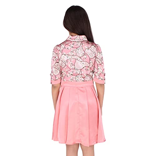 Image of Cutecumber Girls Peach Satin Floral Dress with Button-Down Knee Length Skirt - Front Button Closure, 3 /4 Sleeves for Kids & Baby Girls (Age 1-15 Years)