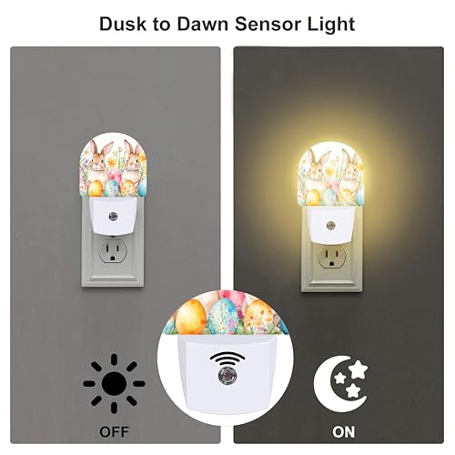 Image of Easter Bunnies and Eggs Night Light for Kids,Cute Easter Rabbit and Flowers Plug in Night Light with Dusk to Dawn Sensor, 0.5w Energy Saving Nightlight for Hallway Stairway Kitchen Bedroom