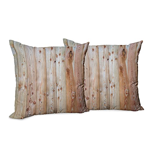 Lunarable Rustic Decorative Throw Pillow Case Pack of 2, Monochrome Look Natural Closeup Wood Design Minimalist and Rough Tiled Logs Row Planks Art, Couch Bedroom Living Room Cushion Cover, 16", Cream