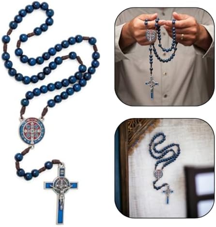 Terço Madeira Azul Cordão Marrom 10MM Sao Bento Cruz Metal Res Color