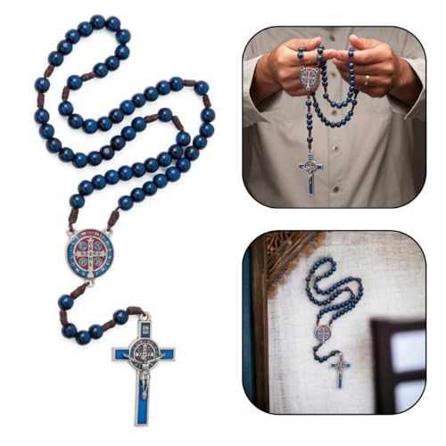 Terço Madeira Azul Cordão Marrom 10MM Sao Bento Cruz Metal Res Color
