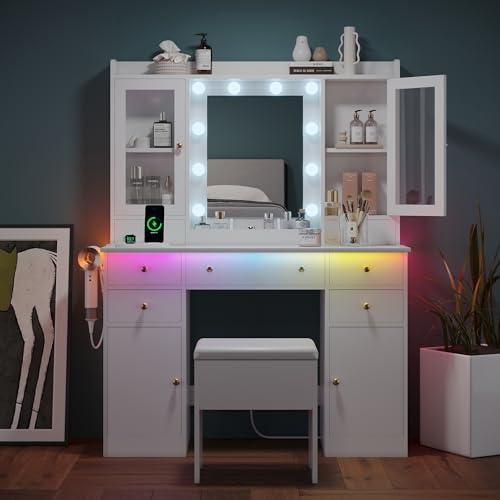 Makeup Vanity Desk with Mirror and Lights, White Vanity Table Set with Storage Drawers, Charging Station, Cabinets & Chair, Large Dressing Table with RGB Ambient Light for Women Girls Bedroom Bathroom - Thumbnail 7