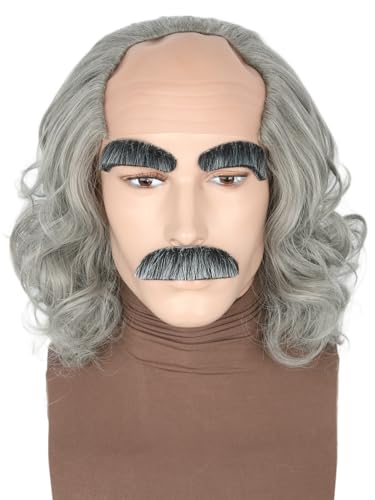 Old Man Wig with Beard and Eyebrows Short Grey Bald Cap Side Hair Bald Grandpa Wig