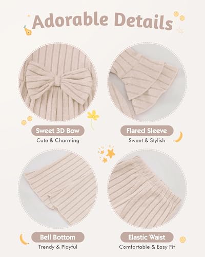 Image of SODLON Baby Girl Clothes Toddler Fall Winter Outfits Ruffle Long Sleeve Bow Top Flared Pants Set Bell Bottom Clothing 18M-5T