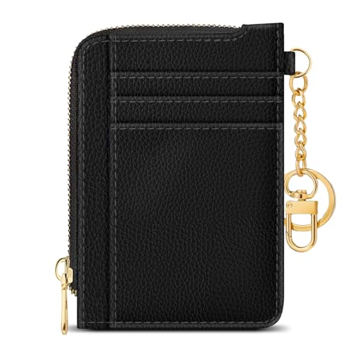 Image of GIANCOMICS Slim Wallet Credit Card Holder Women, Rfid Blocking Black Small Card Case, Keychain Thin Pocket Curved Zipper Wallet, Travel Card Holder PU Leather ID Window, Ladies Female Gifts