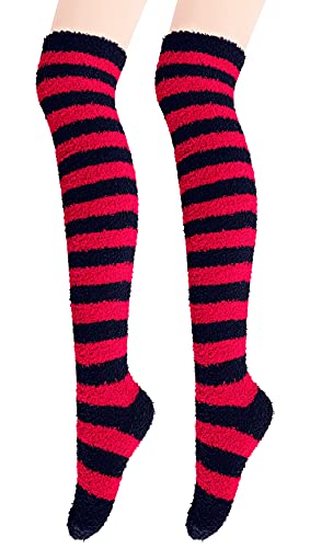 Bellady Coral Knee High Socks for Women Striped Fuzzy Socks Warm Leg Warmers