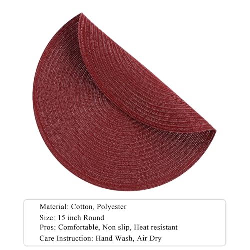 Image of SHACOS Round Placemats Set of 12 for Dining Table 15 inch Round Braided Place Mats Cotton Polyester Washable Non Slip Kitchen Table Mats, Burgundy