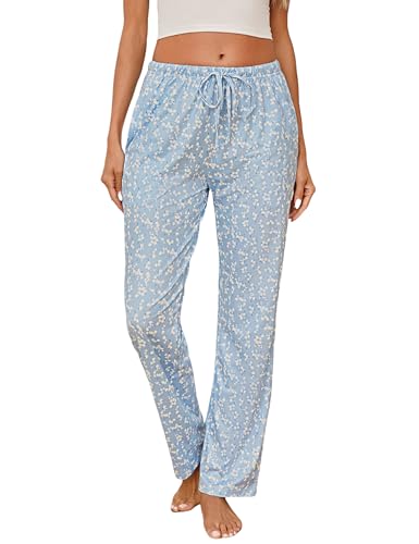 Jahetuul Pantalones de Pijama Largo Pantalon Algodón Mujer Pijama Ancho Mujer Pantalón Pijama Mujer con Bolsillos y Cordón Suave y Cómodo