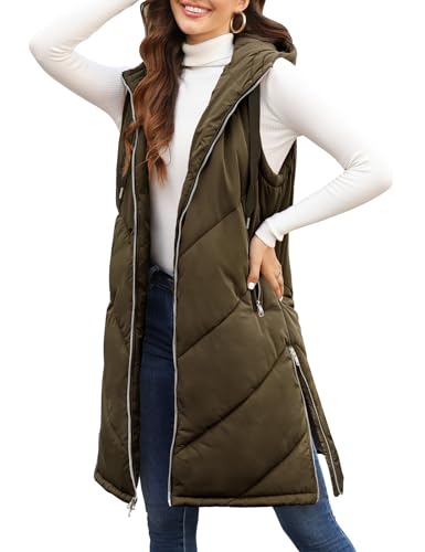 Xnova Chaleco Acolchado Mujer Invierno Chaqueta sin Mangas Elegantes Chalecos Exteriores de Capucha con Cremallera Cálido Abrigo Largo Con Bolsillo, Oliva oscuro, XL