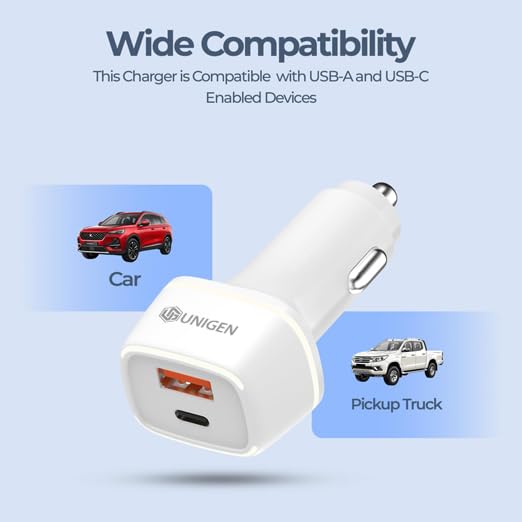 Image of UNIGEN 80W Fast Car Charger Dual Port (USB-C PD + USB QC 3.0), Compact Metal Car Charging Adapter Compatible with iPhone, Android Smartphones, Earbuds, Smartwatch & Power Bank (White)