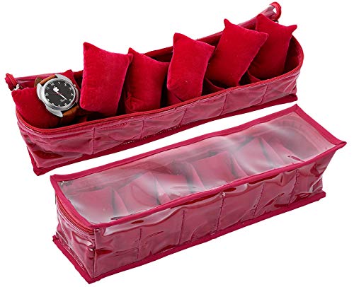 Kuber Industries Watch Case With 6 Roll|Wrist Watch Holder|Watch Organizer|Bracelet Pouch Transparent Top|Pack of 2 (Pink)