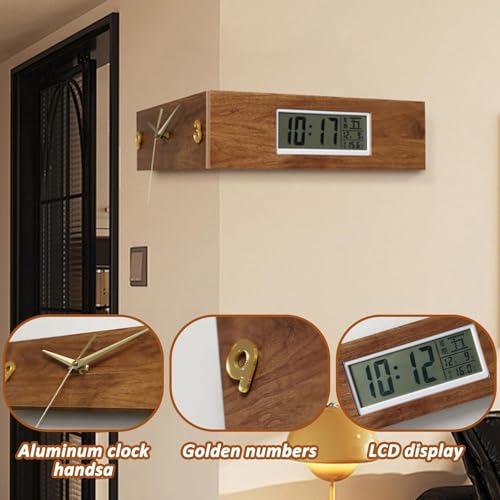 Horloge d'angle décorative avec marqueurs numériques dorés et double affichage LCD