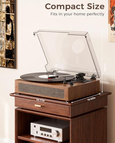 Image of Vinyl Record Player Extended Size with Bluetooth Playback, Built-in Speakers, USB Recording, LED Display, 3-Speed Turntable - Walnut