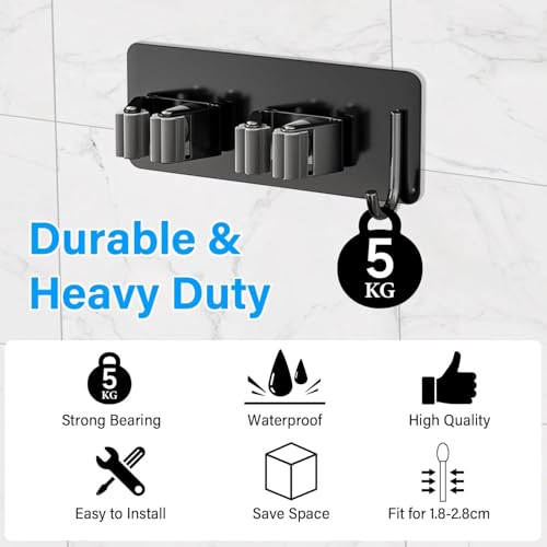 Image of Enclave Stainless Steel Mop and Broom Holder Wall Mounted Adhesive Storage Solutions for Broom mop etc, Garage Storage Systems Broom Organizer. (2 RACK 1 HOOK /BLACK, PACK OF 1)