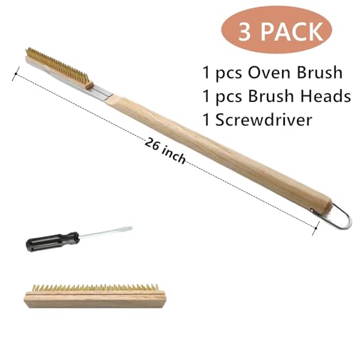 ToppYuanZea 3 Pack 26 Inch Pizza Oven Brush with Scraper and Brass Bristles, Outdoor BBQ Grill Cleaning Brush Copper Wire Pizza Stone with 1 Brush Heads and 1 Screwdriver for Picnic Camping