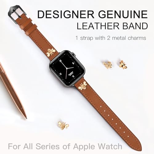 Image of JR.DM Slim Leather Bands Compatible with Apple Watch Band 38mm 40mm 41mm 42mm 44mm 45mm 46mm 49mm, Genuine Leather Band with Charms, Feminine Design for Iwatch Ultra SE Series 11 10 9 8 7 6 5 4 3 2 1