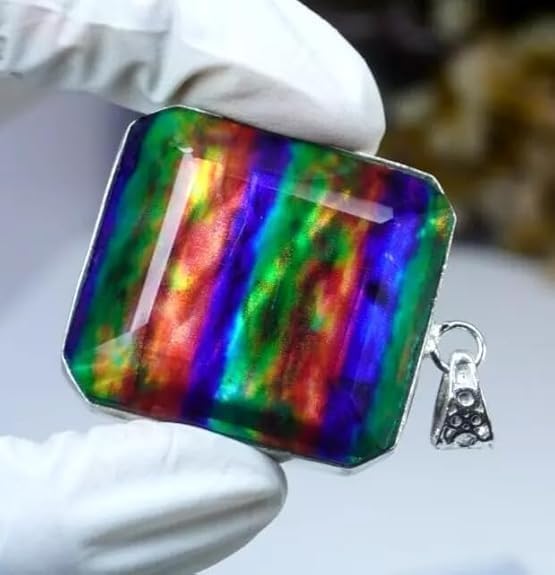 100 Ct Natural Ammolite 925 Solid Silver Certified Pendant Loose Gemstone for Making jewellery