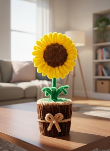 Image of Handmade Artificial Flower Pot for Home Decor | Cute Fuzzy Wire Pipe Cleaner Flower Plant | Aesthetic Tabletop Decorative Pot for Home, Office & Gifting (Soft Bloom :- Yellow)