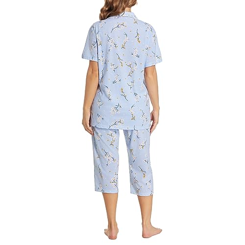 Image of Tugege Capri Pajamas Set Womens Button Down Short Sleeve Lounge Sets Sleepwear Notch Collar Top & Capri 2 Piece PJ Sets