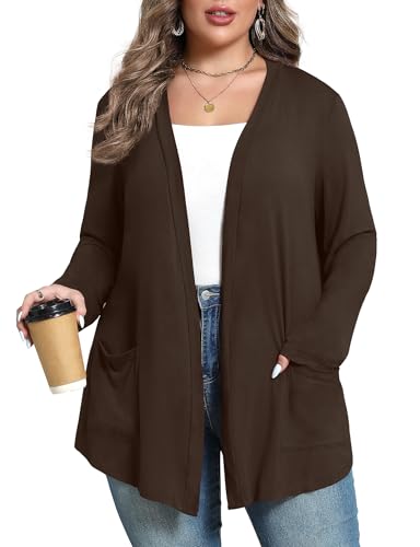 ZHUHOUSE Plus Size Cardigan Sweaters for Women Lightweight Long Fall Cover ups Kimonos Duster with Pockets(Brown,3X-Large)