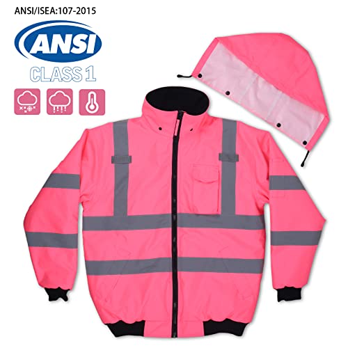 Vendace Hi Vis Reflective Safety Winter Bomber Jacket Hoodie For Women Ansi High Visibility Pink Quilted Lining Jacket (Pink,3Xl) #TOP2