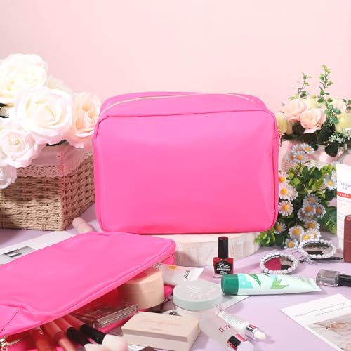 Hushee 4 Pcs Nylon Makeup Bag Christmas Gifts Preppy Zipper Pouch Nylon Toiletry Bag Waterproof Storage Bag for Women Organizer(Large,Hot Pink)4