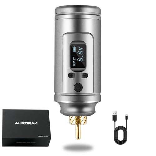 Dragoart Aurora-1 1500mAh Tattoo Battery for Wireless Tattoo Gun 4V-12V, OLED Screen Timer Display Screen Mirroring, Lightweight Tattoo Power Supply for Wireless Tattoo Gun Tattoo Machine, RCA Silver