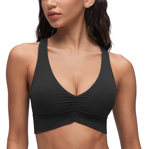 CRZ YOGA Butterluxe Womens Ruched Longline Sports Bras - V Neck Padded Yoga Tank Wide Straps Cross Back Crop Tops