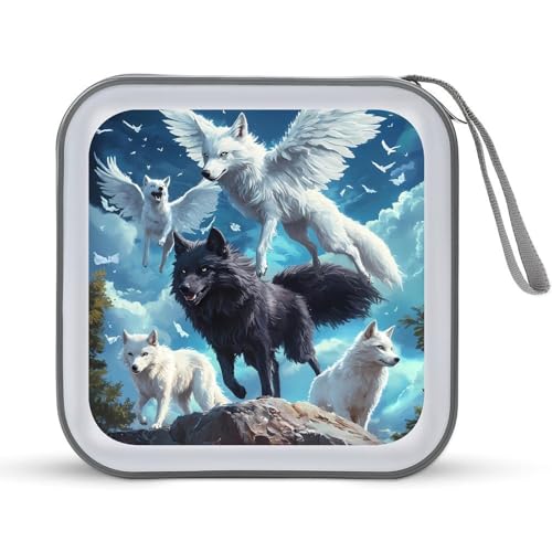 Wolf with Wings Under Moon Funny CD Case 40 Capacity DVD Holder Portable Storage Disc Binder Wallet for Car Home Travel
