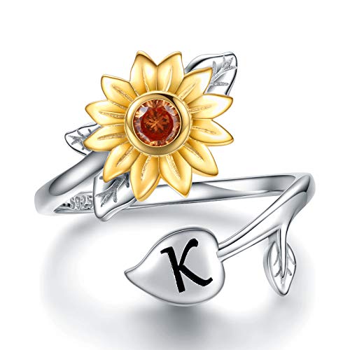 Sunflower Initial Adjustable Ring for Women - 925 Sterling Silver Flower Wrap Twist Ring Jewelry Gift for Mother Daughter Girlfriend (K with CZ)