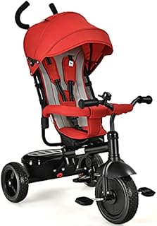 COSTWAY Baby Tricycle, Toddler Stroller Kids First Bike with Adjustable Parent Handle & Seat, Removable Canopy, Foldable Footrest, Bell and Storage Box, Double Brake Push Trike for 1-6 Years Old