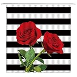 Black and White Stripe Shower Curtain Red Rose Flower Green Leaves Valentine's Day Present Creative...